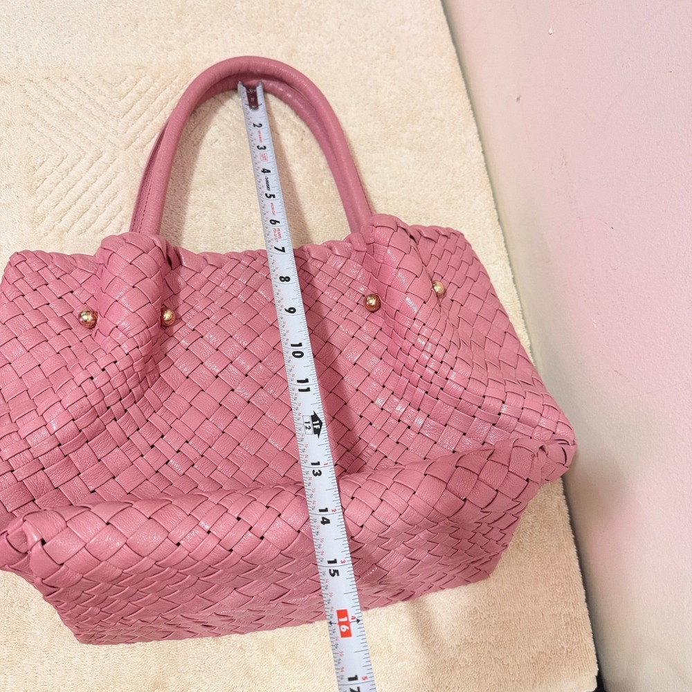 Ghibli Pink Genuine Leather Woven Tote Handbag Removable Pouch Gold Hardware - Picture 12 of 13